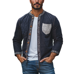 Men's Spring Fashion Retro Lace Splicing Cotton And Linen Long Sleeve Shirt MTA2708C6K