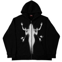 Hooded Sweatshirt with Bold Graphic Design and Zip-Up Closure