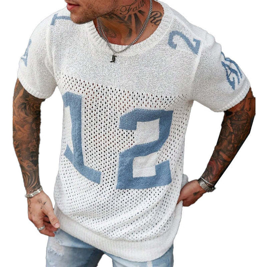Men's Sport Lettering Jacquard Crew Neck Short Sleeve Sweater T-Shirt MTA1856C1X