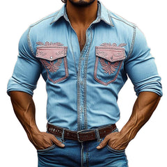 Men's Vintage Western Cowboy Distressed Embroidered Shirt MTA2748C5U