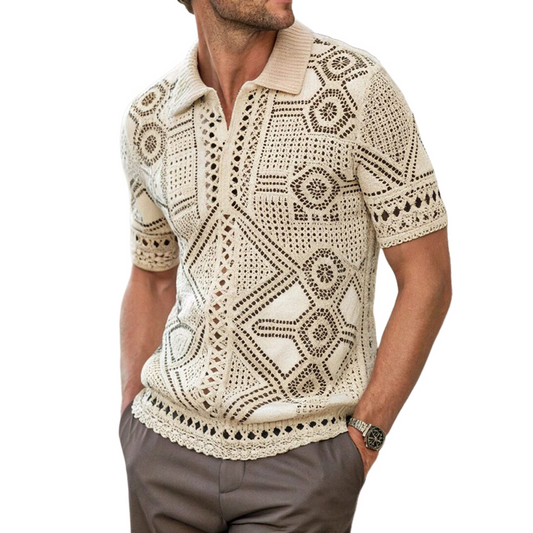 Men's Summer Fashion Casual Vacation Lapel Hollow Knitted Short-sleeved T-shirt MTA1064D8K