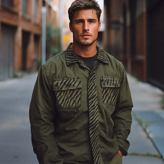 Men's Spring And Autumn Army Green Splicing Printed Long Sleeve Shirt MTA2185C7U