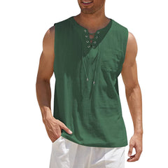 Men's Casual Lace-Up Neck Chest Pocket Sleeveless Vest Tank Top