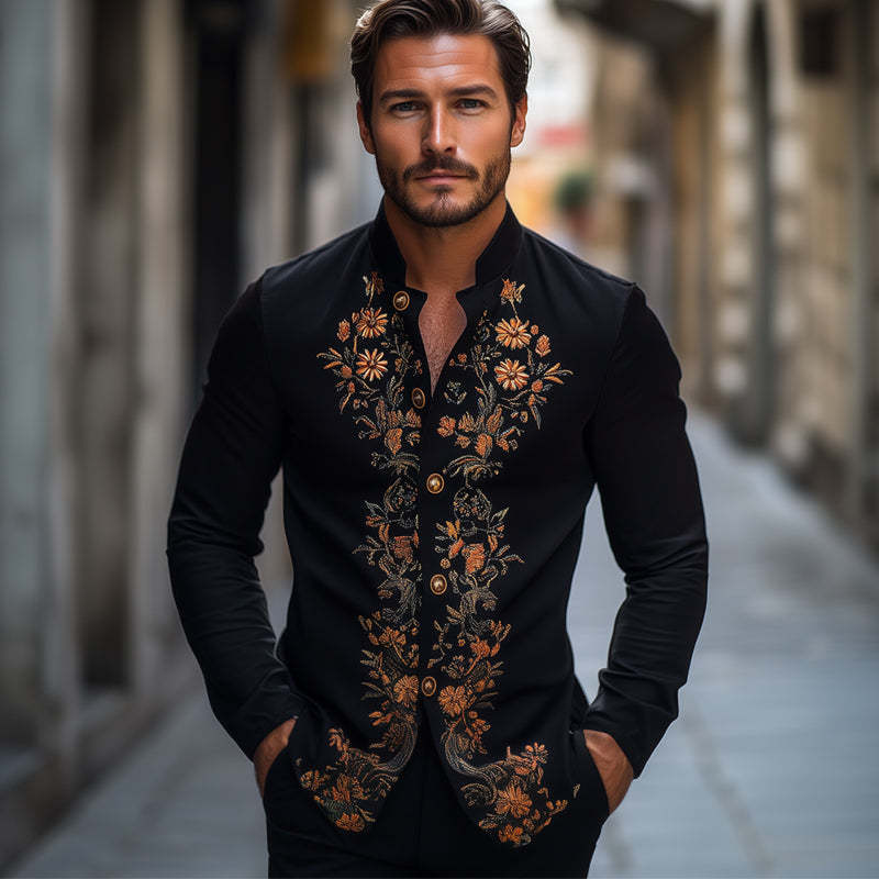 Men's Spring And Autumn Retro Embroidered Stand Collar Long Sleeve Shirt MTA2075C7U