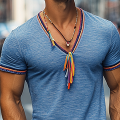 Men's Summer Fashion Casual V-neck Colored Ribbon Bamboo Cotton Blended Short Sleeve T-shirt (Tassel Removable) MTA0947D7K