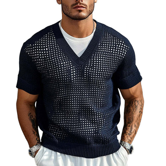 Men's Solid Color Knitted V-Neck Short Sleeve Sweater T-Shirt MTA1899C8X