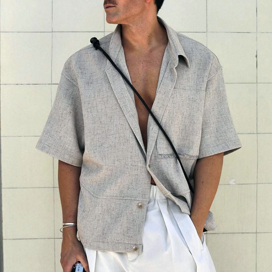 Men's Solid Lapel Single Breasted Short Sleeve Shirt MTA0156D3Z