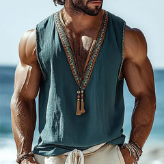 Men's Summer V-neck Vintage Embroidered Tank Top MTA0946D5U