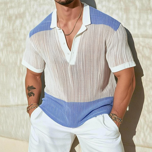 Men's Casual Contrast Lapel Loose Single Knit Short Sleeve Polo Shirt MTA3153C8M