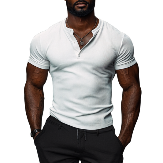 Men's Casual Cotton Elastic Rib Henley Collar Slim Fit Short Sleeve T-Shirt MTA2232C5M