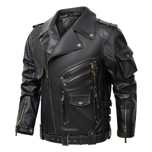 Classic Biker Jacket With Multiple Pockets And Zipper Details