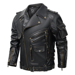 Classic Biker Jacket With Multiple Pockets And Zipper Details