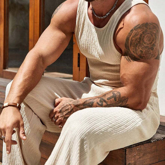 Men's Solid Color Tank Top And Trousers Beach Two-Piece Set MTA3151C8X