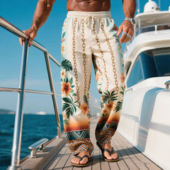 Tropical Floral Chain-Embellished Lounge Pants for Summer Yacht Adventures