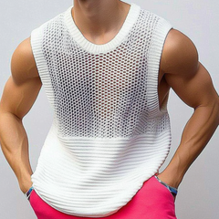 Men's Casual Crew Neck Hollow Out Patchwork Knitted Tank Top MTA0786D7M
