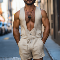 Men's Spring And Summer Fashion Leisure Deep V Neck Cotton And Linen Tank Top Shorts Jumpsuit MTA0943D1K