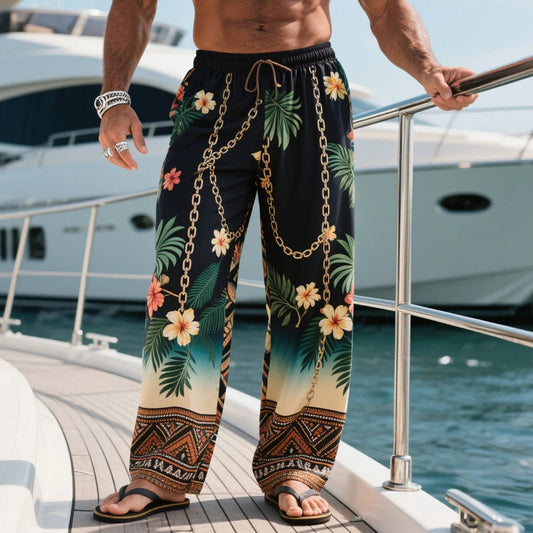 Tropical Floral Print Lounge Pants with Chain Detail for Men