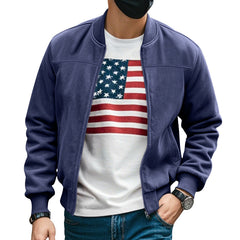 Men's Solid Color Fleece Zip Jacket - Casual Retro Long-Sleeve Cardigan Coat