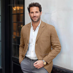 Men's Casual Cotton Linen Notch Lapel Single-breasted Slim-fit Blazer 34577242M