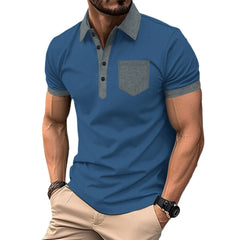 Men's Casual Polo Shirt: Chest Pocket, Collared With Buttons, Color-Block T-Shirt Top