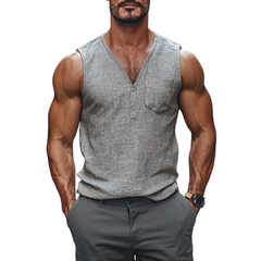 Men's Casual Linen Button V-Neck Patch Pocket Slim Fit Tank Top MTA2174C9M