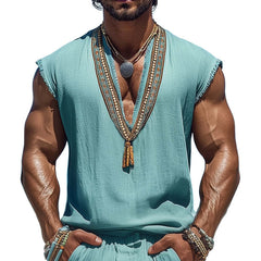 Men's Summer V-neck Retro Embroidered Cotton And Linen Tank Top MTA0928D1U