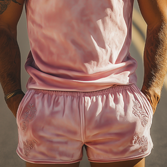 Men's Spring Fashion Casual Slim Fit Embroidered Suede Tank Top Shorts Set MTA3193C2K