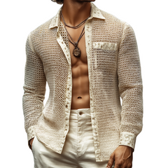 Men's Retro Casual Irregular Mesh Fabric Lapel Long Sleeve Shirt MTA2542C0TO