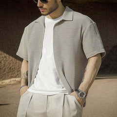 Men's Casual Gray Textured Short-sleeved Shirt 18990133U