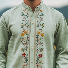 Men's Spring And Summer Fashion Retro Casual Stand-up Collar Embroidered Long-sleeved Shirt MTA2884C8K