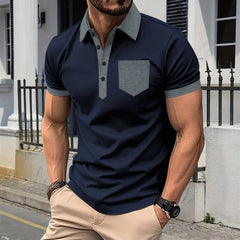 Men's Casual Polo Shirt: Chest Pocket, Collared With Buttons, Color-Block T-Shirt Top
