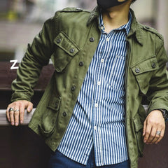 Military-Style Jacket with Striped Shirt Combo for Men - Perfect for Casual and Outdoor Adventures