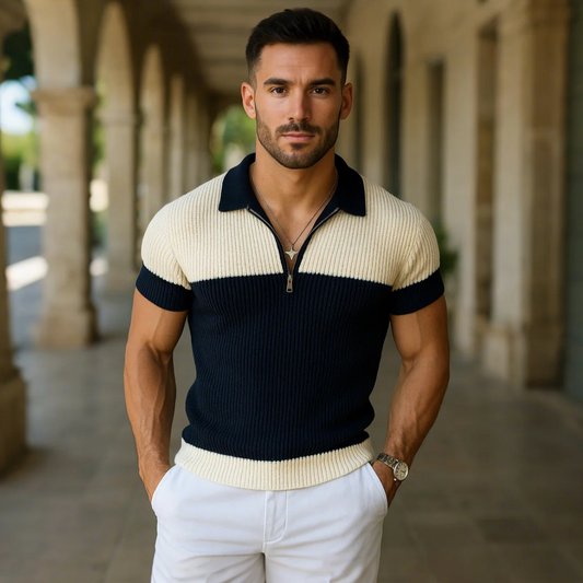 Men's Casual Contrast Zipper Lapel Slim Fit Knitted Short Sleeve Polo Shirt MTA1725C8M