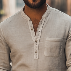 Men's Spring New Retro Ethnic Lace Stitching Deep V-neck Long-sleeved Shirt MTA2178C0K