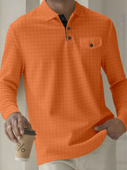 Quilted Black Henley Shirt With Orange Collar Detail For Men