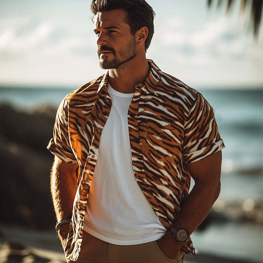 Men's Summer Retro Tiger Print Casual Short Sleeve Shirt MTA0128D7U