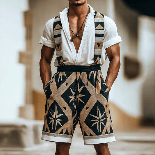 Men's Retro Geometric Print Linen Overalls MTA0779D5TO