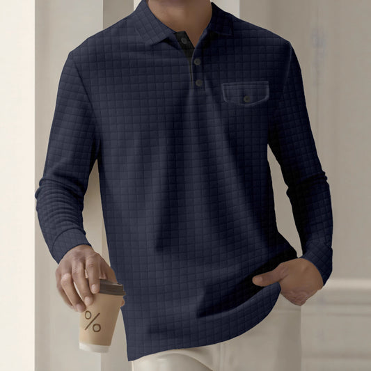 Quilted Black Henley Shirt With Orange Collar Detail For Men