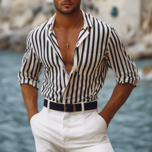 Men's Spring And Summer Fashion Vertical Striped Long Sleeve Shirt MTA1778C1K