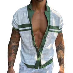 Men's Knit Striped Notch Lapel Single Breasted Short Sleeve Polo Shirt MTA0812D4Z