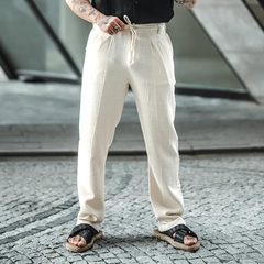 Men's Solid Cotton And Linen Mid Waist Straight Casual Pants MTA0115D4Z