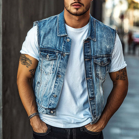 Men's Vintage Blue Washed Denim Lapel Vest 13837540U