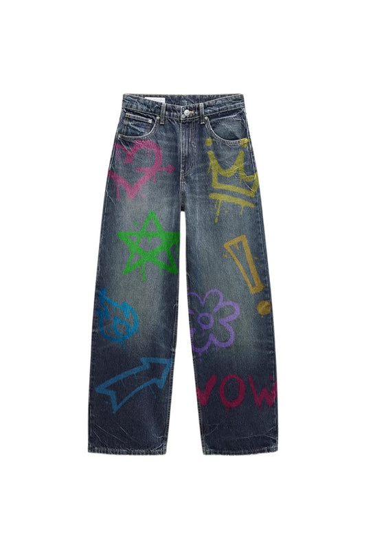 Colorful Graffiti Denim Wide-Leg Jeans and Classic Dark Blue Denim Wide-Leg Jeans