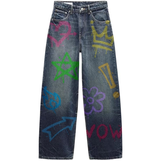 Colorful Graffiti Denim Wide-Leg Jeans and Classic Dark Blue Denim Wide-Leg Jeans
