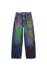 Colorful Graffiti Denim Wide-Leg Jeans and Classic Dark Blue Denim Wide-Leg Jeans
