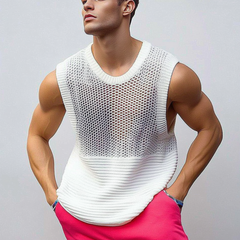 Men's Casual Crew Neck Hollow Out Patchwork Knitted Tank Top MTA0786D7M
