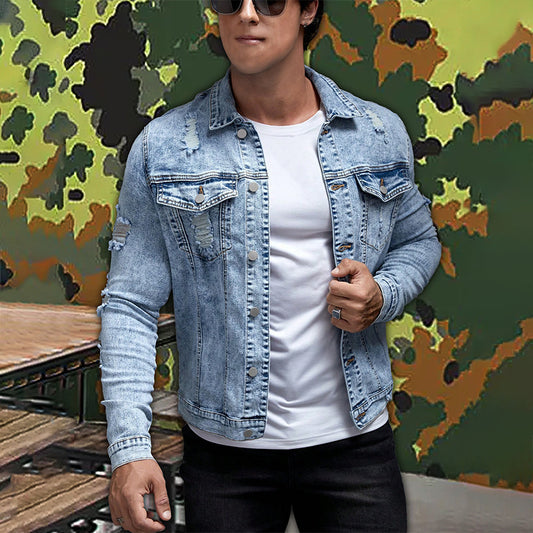 Distressed Denim Jacket for Men - Stylish and Durable Design