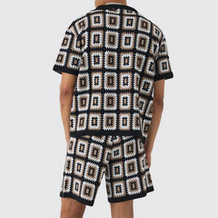 Men's Spring And Summer Fashion Casual Hollow Knitted Short-sleeved T-shirt Shorts Set MTA1038D7K