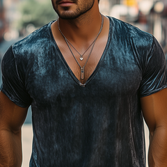 Men's Spring And Summer Fashion Leisure Silk Cotton Deep V Neck T-shirt MTA2429C7K