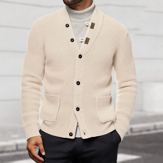 Stylish Men's V-Neck Cardigan Sweater with Unique Toggle Closure